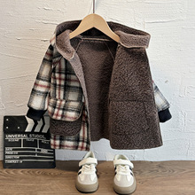 儿童连帽格子拼接外套冬季新款洋气加绒加厚外衣