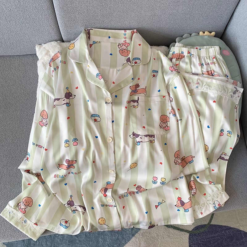 Entidad al por mayor productos de alta calidad primavera nuevo pijama de seda de hielo y nieve para mujeres delgada de verano dibujos animados set de ropa para el hogar se puede usar fuera