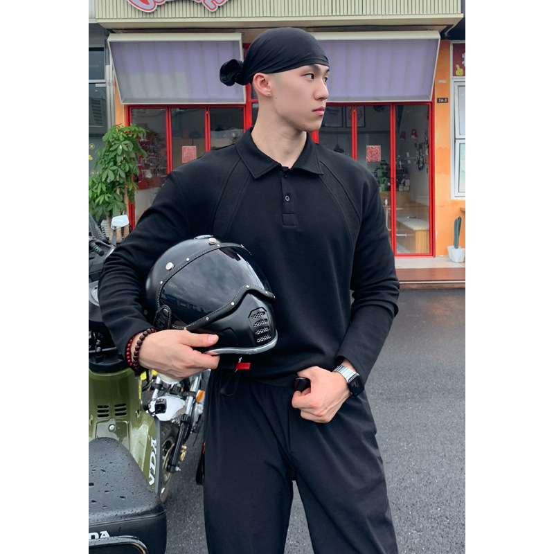Polo/sweat-shirt en coton chinois à épaules droites, style américain, pour homme, printemps-automne, patchwork déstructuré._voghion.com