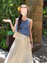 蓝色棉麻无袖上衣女夏季套装民族风不规则娃娃背心T恤