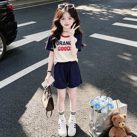 女童套装夏装2026新款儿童拼色短袖T恤短裤中大童运女孩动两件套9