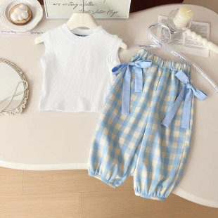 Cross-Border Ins Popular Children's Clothing Summer Vest Suit Thin Girls Fashionable Children's Plaid Pants Sleeveless Two