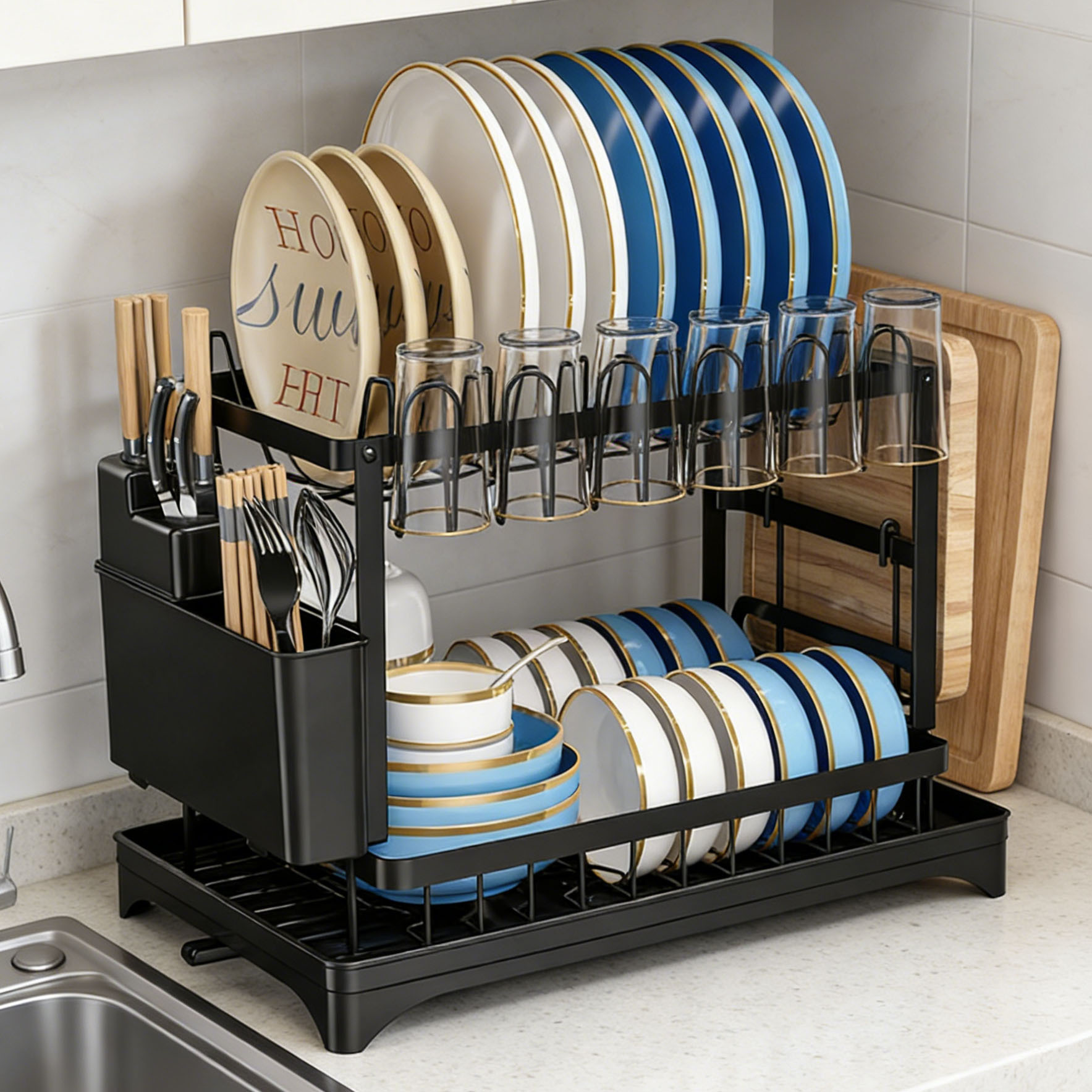 Estante de cocina, estante de almacenamiento de platos, estante de almacenamiento de platos, estante de drenaje, estante de drenaje, cesto de drenaje, tablero de corte doméstico, estante de platos, palillos, armario de cubiertos