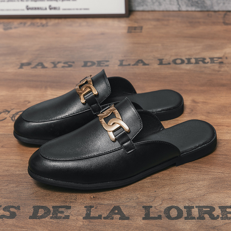 2025 bolsas de verano zapatos mueller de cabeza perezosa de hebilla metálica mitad zapatillas de hombre verano sin tacones zapatos de hombre