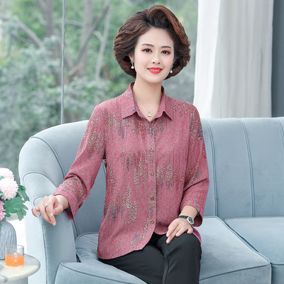 Middle-aged and elderly people shirt mom Be dressed in jacket Sleeve Chiffon T-shirt middle age Woman Easy Cardigan shirt