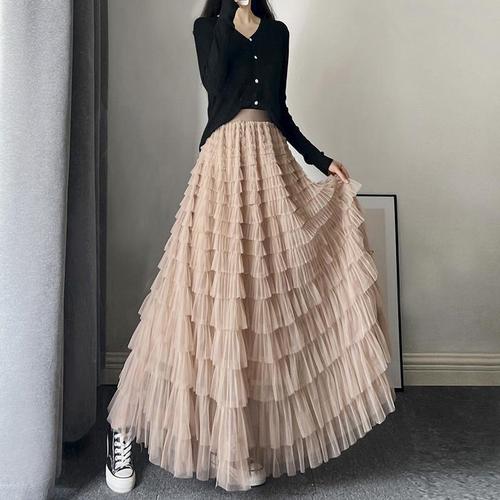 Layered Heavyweight Mesh Cake Skirt Women's Summer Skirt Ultra Long Ethereal Unique Small-Town Feel Unique Characteristic Long Mesh Skirt