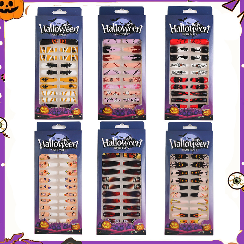 Transfronterizos Halloween desgaste de uñas murciélagos calabaza productos terminados de uñas falsas parches de uñas manicuras gelatina caja de gel