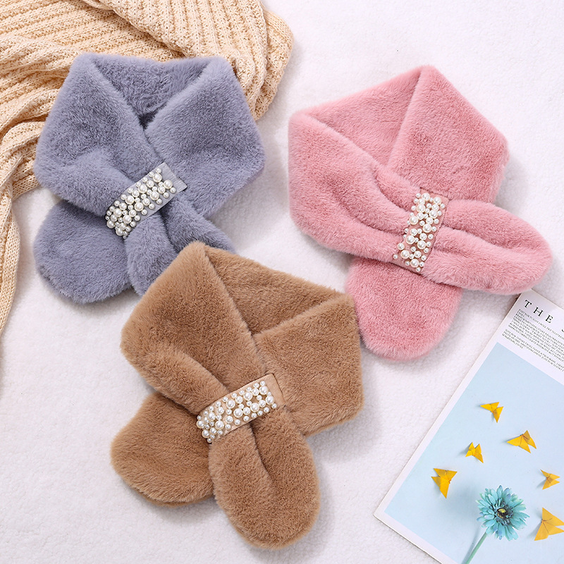 Winter Plush Scarf for Women, Trendy Thickened Warm Neck Warmer, Faux Rabbit Fur Fabric with Pearl Label, Plush Outdoor Small Scarf Winter Plush Scarf for Women, Trendy Thickened Warm Neck Warmer, Faux Rabbit Fur Fabric with Pearl Label, Plush Outdoor Small Scarf