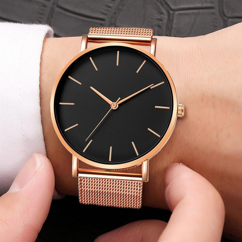 Enkel quartz klocka för män med mesh armband stilren design_voghion.com