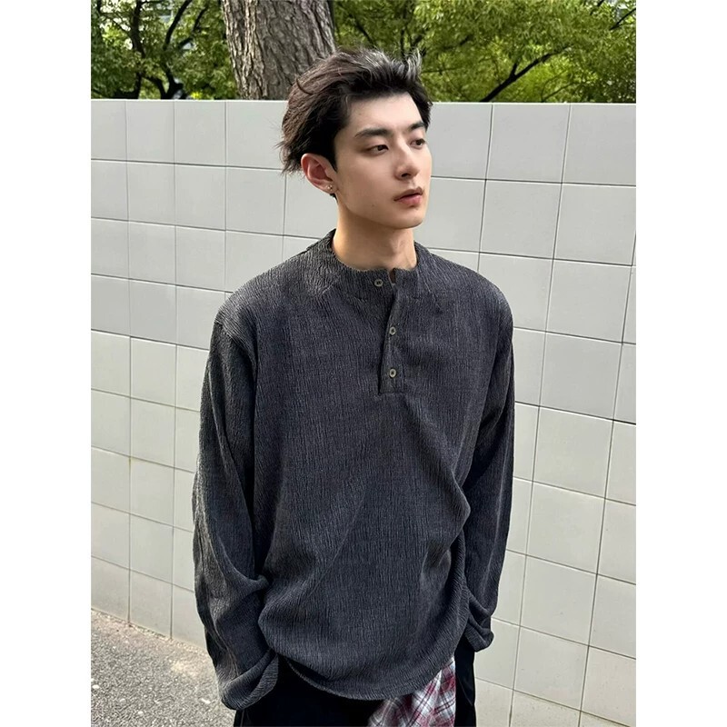 American retro style Henry collar polo shirt for men, long-sleeved t-shirt, spring and autumn old money style, textured V-neck inner layer shirt