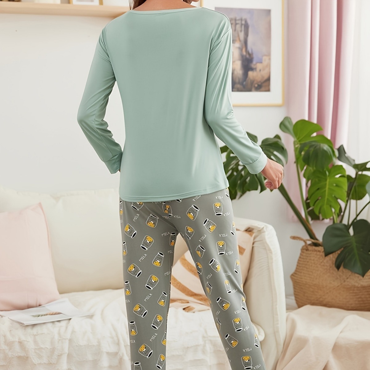 Comercio exterior transfronterizo pijamas europeos y americanos ropa de hogar para mujer Amazon cuello redondo para mujer pantalones de dibujos animados de manga larga traje de otoño