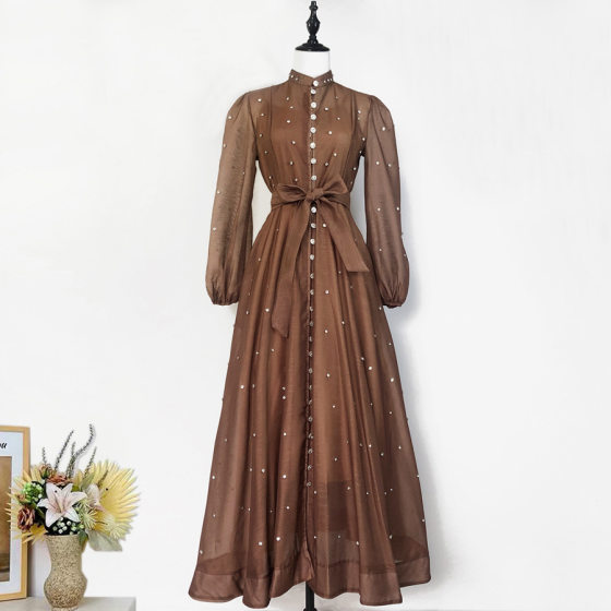 Europe and the United States cross-border foreign trade export women's clothing design sense heavy industry nail drill long sleeve single-breasted long dress sling
