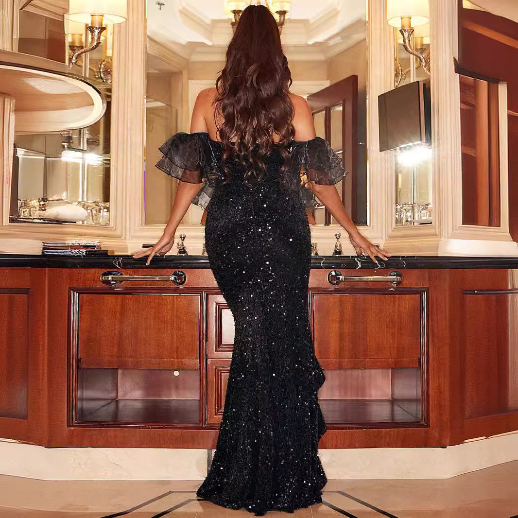 2026 nuevo comercio exterior transfronterizo nueva ropa de mujer estación independiente ebay sexy vestido de banquete de manga corta de seda brillante