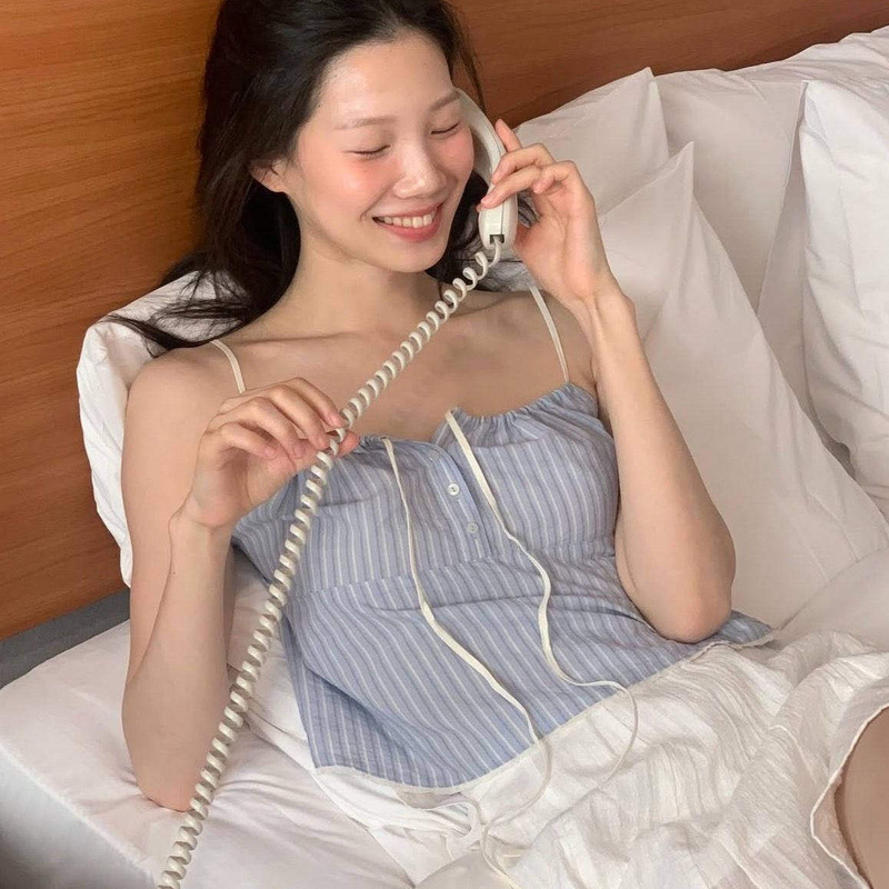 Now Available: Korean Designer Tannat Bow-Tie Striped Camisole, Korean-Style Women's Clothing, Refreshing and Comfortable Summer Tank Top