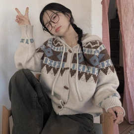 韩国ins秋冬韩版百搭小众慵懒风复古提花休闲单排扣连帽毛衣外套