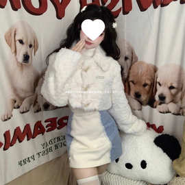 小香风百搭兔毛白色毛毛外套女小众温柔风牛角扣短款外套秋冬季