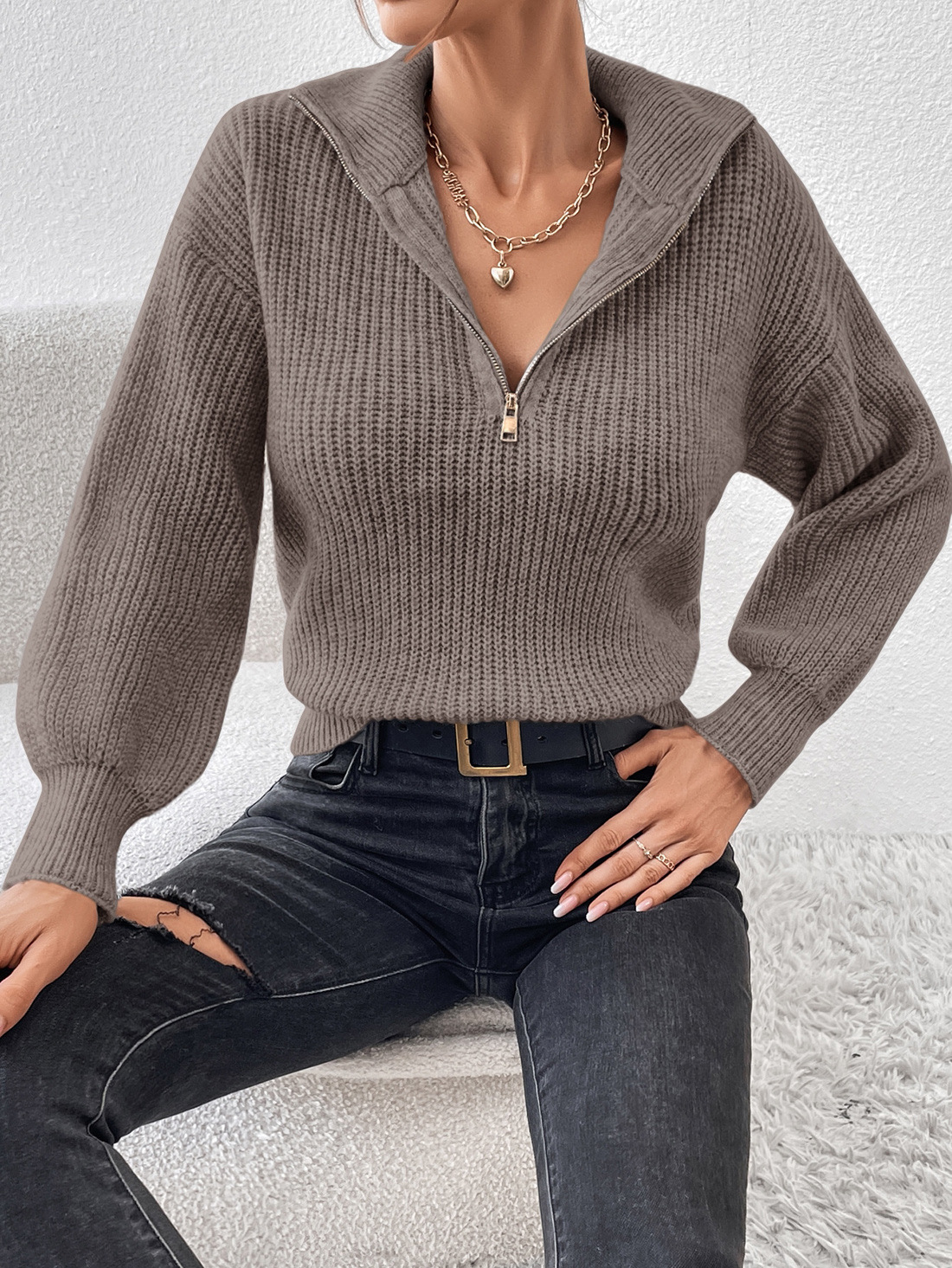 Europa y los Estados Unidos transfronterizos con cremallera suéter de comercio exterior moda de color sólido suéter de manga larga con cremallera de cuello de polo casual suéter mujer