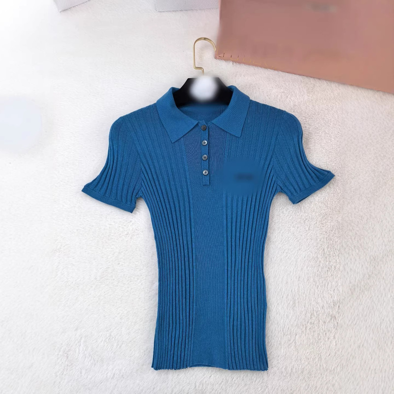 Mm High-End Version Miu Miu 26 New Style Simple Solid Color Ribbed Lettered Turn-Down Collar Short-Sleeve Knit Top Women's Clothing