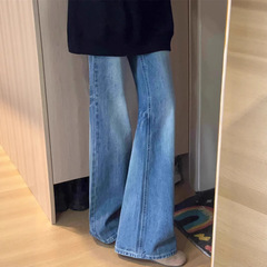 秋の女性用レトロブーツカットジーンズ、新しいスタイル、太った女の子mmデザイン、ハイウエスト、スリム、脚にフィットしないフレアパンツ