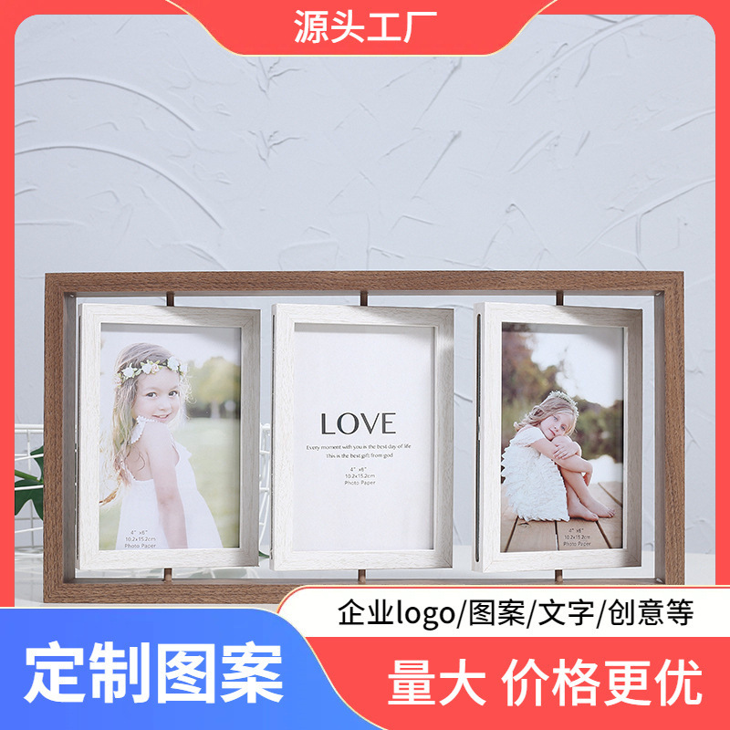 Nordic 6inch Wooden Double-Sided Rotating Photo Frame Stand, Multi-Photo Combination Frame, Wholesale Handmade