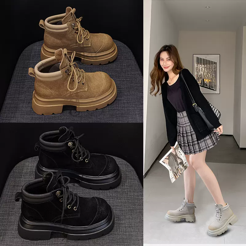 欧洲站马丁靴女2025年新款底复古短靴牛反绒磨砂皮大头中筒工装靴