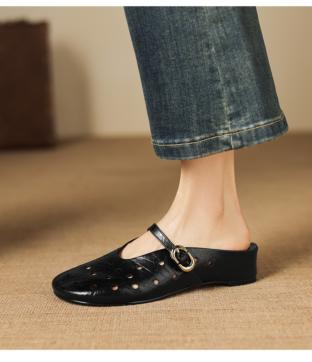 Sandal nữ da dê đục lỗ mũi trùm quai ngang hở gót — đen chi tiết 15