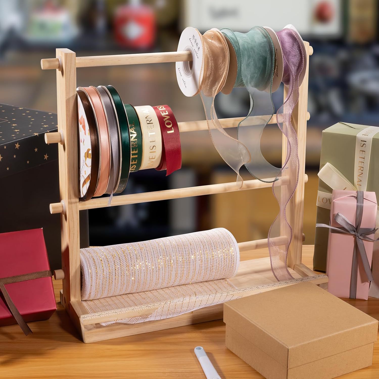 Household Wooden Ribbon Storage Rack, Household Solid Wood Ribbon Weaving Rack, Universal Ribbon Storage Rack for Cake Shops