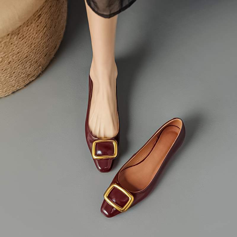 So Beautiful ~ Elegant Genuine Leather Retro Literary Lady Work Clothing Square Buckle Low Heel Square Toe Shallow Mouth Thick Heel Flats Women's Shoes