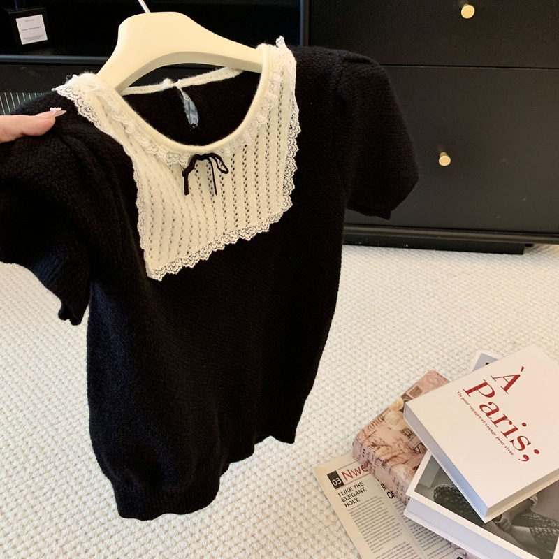 2026 New Sweet Commuting Black and White Contrast Bow Short Sleeve Knit T-Shirt Slim Fit Top 2026 New Sweet Commuting Black and White Contrast Bow Short Sleeve Knit T-Shirt Slim Fit Top