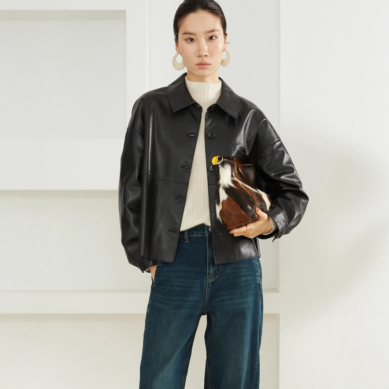 High-End New Zealand 100% Sheepskin Leather Jacket for Women, New Spring Casual Lapel Jacket