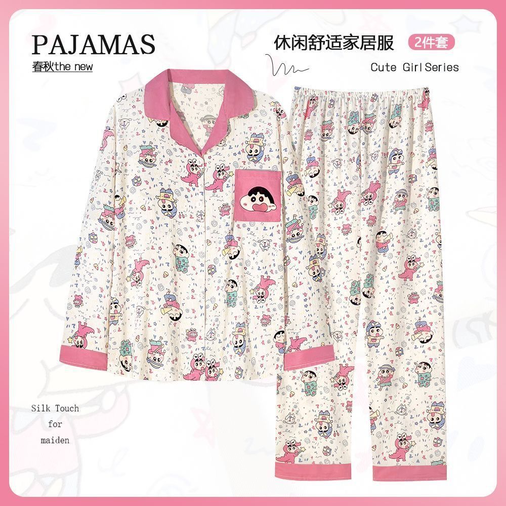 Nube transfronteriza pijama de algodón crayón de mujer pequeño nuevo otoño pantalones de manga larga lindos dibujos animados ropa de casa se puede usar fuera