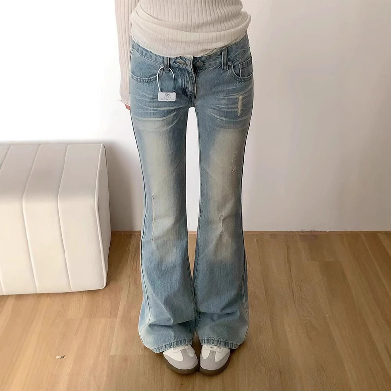 Retro Washed Light-Colored Bootcut Jeans for Women Summer New Lace Splicing Low-Waist Loose Non-Leg-Hugging Bell-Bottom Pants
