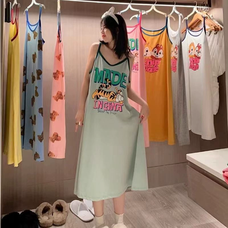 2025 свободная и милая ночная рубашка на подтяжках с мультяшным принтом для женщин, летняя одежда больших размеров для полных MM, повседневная верхняя одежда, длинная домашняя одежда