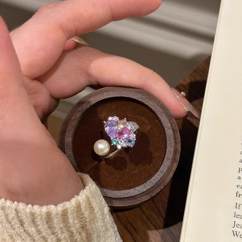 【莫奈花园】紫晶拼色闪钻开口珍珠戒指女名媛千金风耳钉|undefined