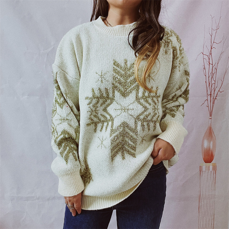 Women's Clothing Autumn and Winter Loose Gold Thread Big Snowflake Christmas Sweater Round Neck Long Sleeve Thick Pullover Women_voghion.com