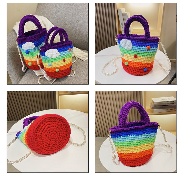 Women's Medium Plush Rainbow Stripe Cute Beading Weave Bucket Open Crossbody Bag display picture 3