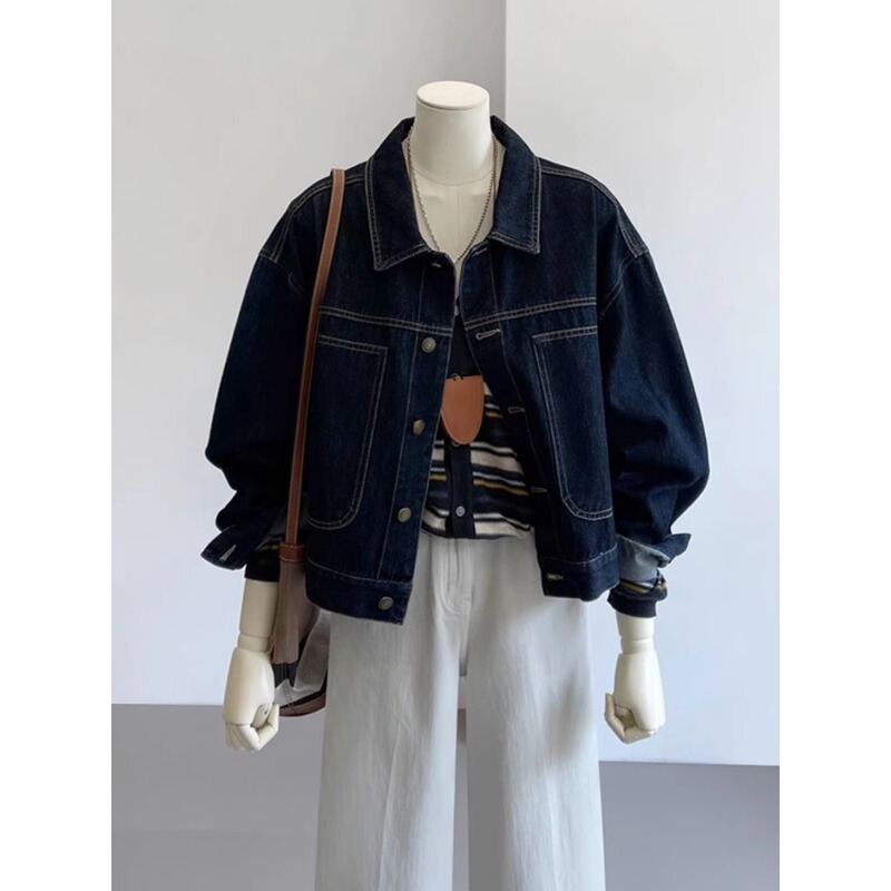 Korean Style Loose Lapel Denim Coat New Casual Retro Work Jacket All-match Long Sleeve Top Women A2939