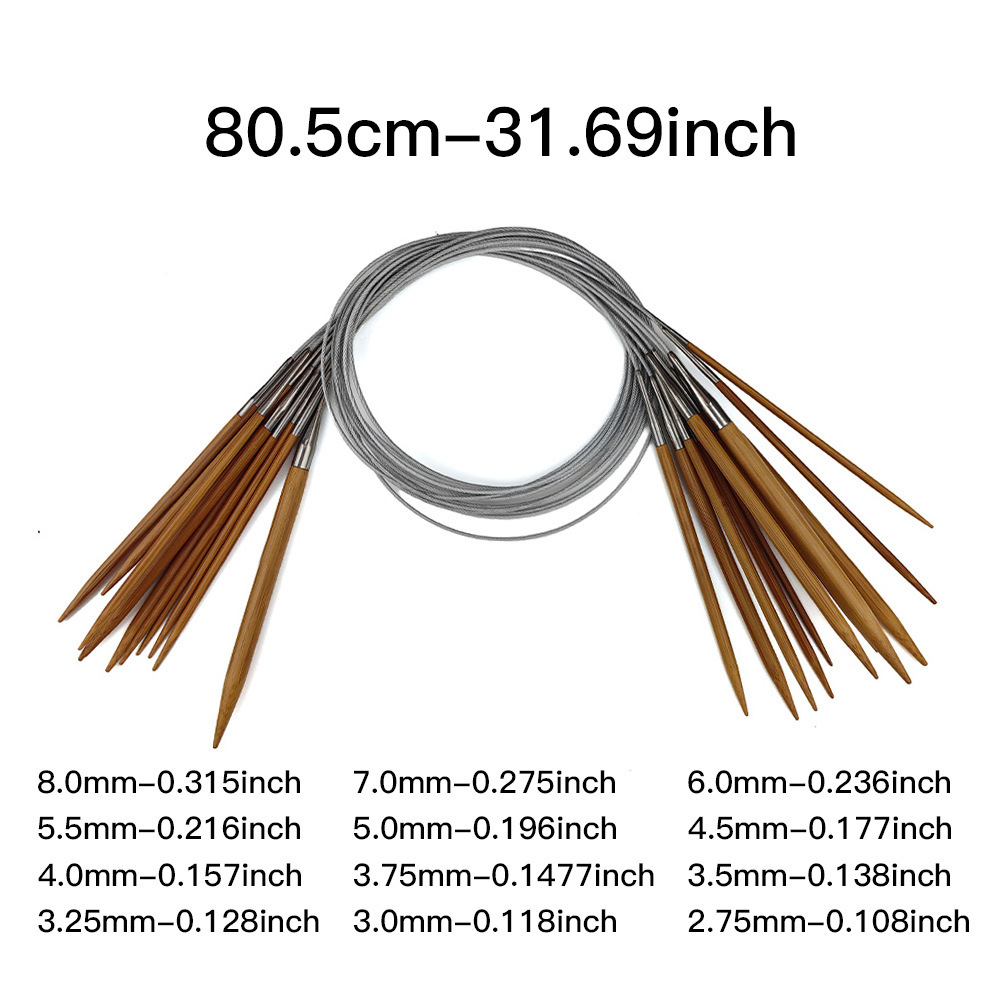 Herramienta de tejido, aguja de suéter, juego de agujas de anillo de alambre de acero de bambú carbonizado, juego de 80CM, paquete de 2.5-8.0mmPU, paquete de PU