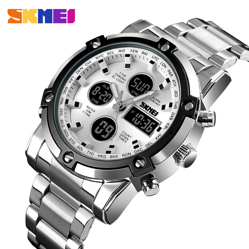 SKMEI multi-funcional correa de acero impermeable reloj de los hombres de doble sincronización luminosa deportes reloj electrónico 1389