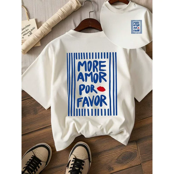 Foreign Trade Women's Clothing, Artistic Style Letter Printed Women's T-Shirt, Spanish More Love Design, Slimming Look Women's Short-Sleeved Clothing