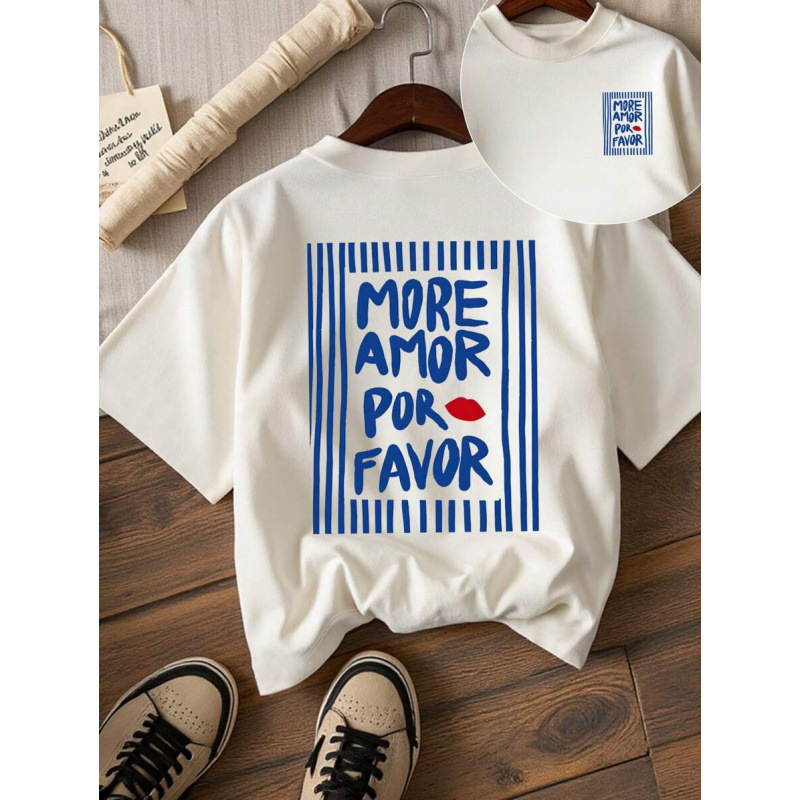 Foreign Trade Women's Clothing, Artistic Style Letter Printed Women's T-Shirt, Spanish More Love Design, Slimming Look Women's Short-Sleeved Clothing