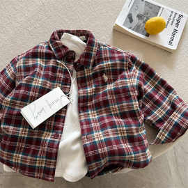 儿童衬衫2025冬款刺绣潮牌男童加绒衬衫女童帅气格子衬衣外套其他