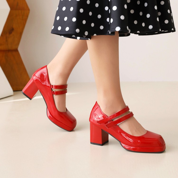 Square head Velcro double buckle solid color waterproof platform chunky heels_voghion.com