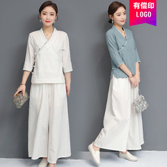 春夏中国風綿麻ヨガ服スーツ女性のためのレトロジャカード漢服居士服禅茶服 2 点セット