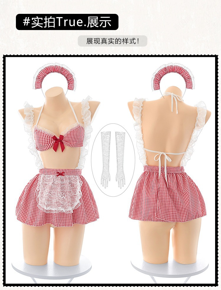 Sweet Summer Plaid Maid Costume Set with Lace Backless Suspender Dress and Accessories — detail image 18
