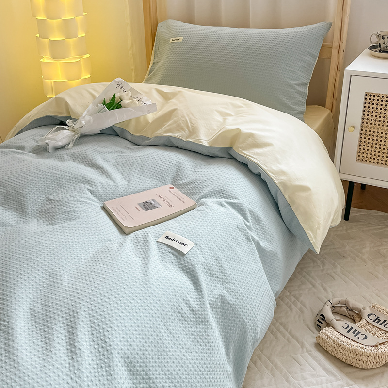 Dormitorio de estudiantes Juego de cama de gofres de algodón de algodón de tres piezas, sábanas, fundas de edredón, sábanas, sábanas y colchones