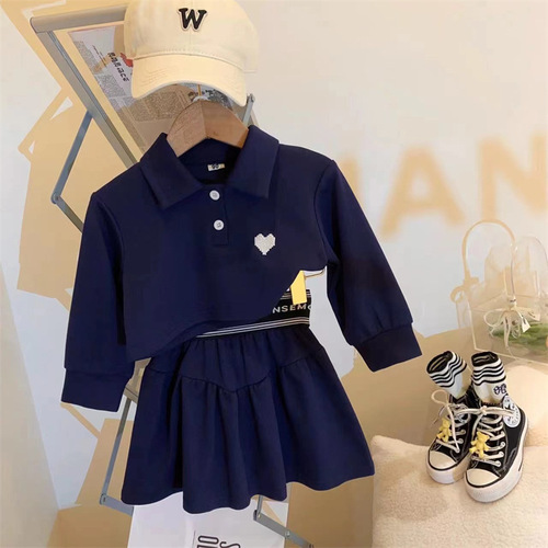 Sports suit for girls, doll collar POLO shirt, lantern sleeve bottoming shirt, pleated skirt, western style preppy style two-piece set
