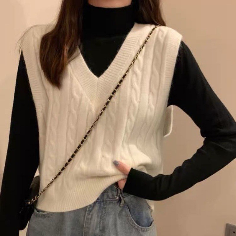 2024 otoño nuevo estilo retro estilo de Hong Kong cuello en V camisa de punto de torsión con chaleco de mujer suéter suelto simple image 7