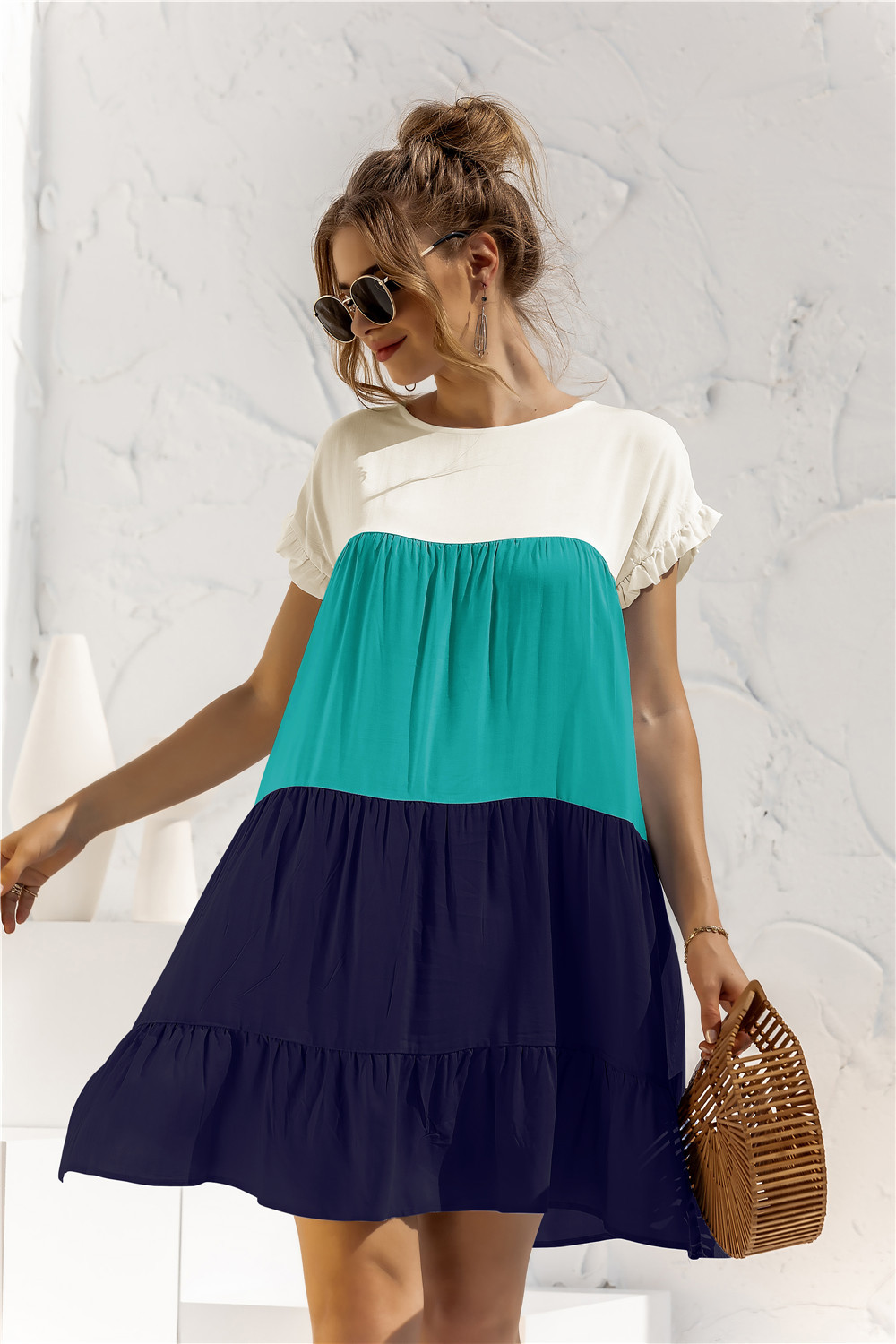 Women's Tiered Skirt Fashion Round Neck Patchwork Short Sleeve Color Block Above Knee Daily display picture 91