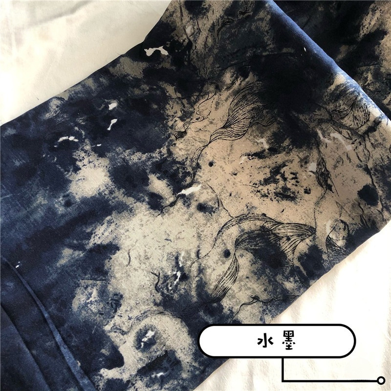 中棉麻蓝色印花布料青花瓷白底仿蜡染桌布服装装饰布料|undefined